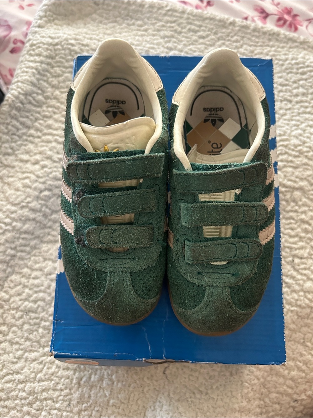 adidas Gazelle Kids Green Suede Velcro Sneakers with Tan Stripes